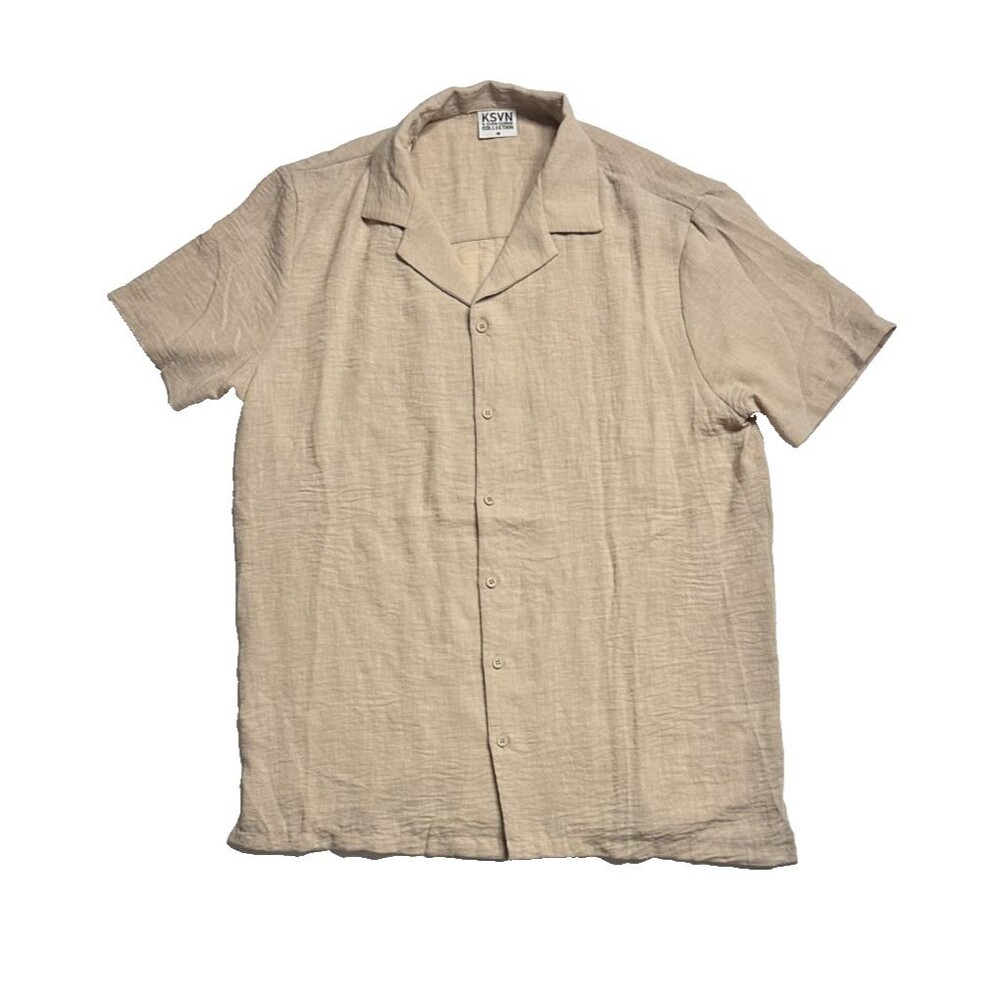 Men’s Beige Textured Medium Short Sleeve Button Up Collar Shirt